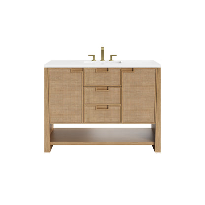 Renovate for Less Atlanta Solene 48" Single Vanity, Seaside Oak, w/ 3 CM White Zeus Quartz Top