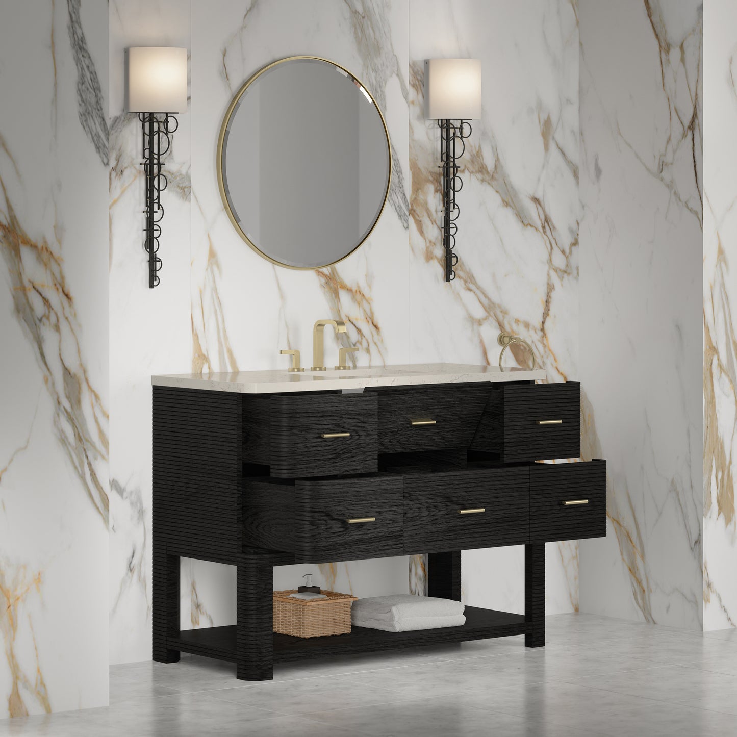 Renovate for Less Atlanta Lucian 48" Single Vanity, Carbon Oak, w/ 3 CM Siberian Silestone Top w/FreePower Wireless Charger