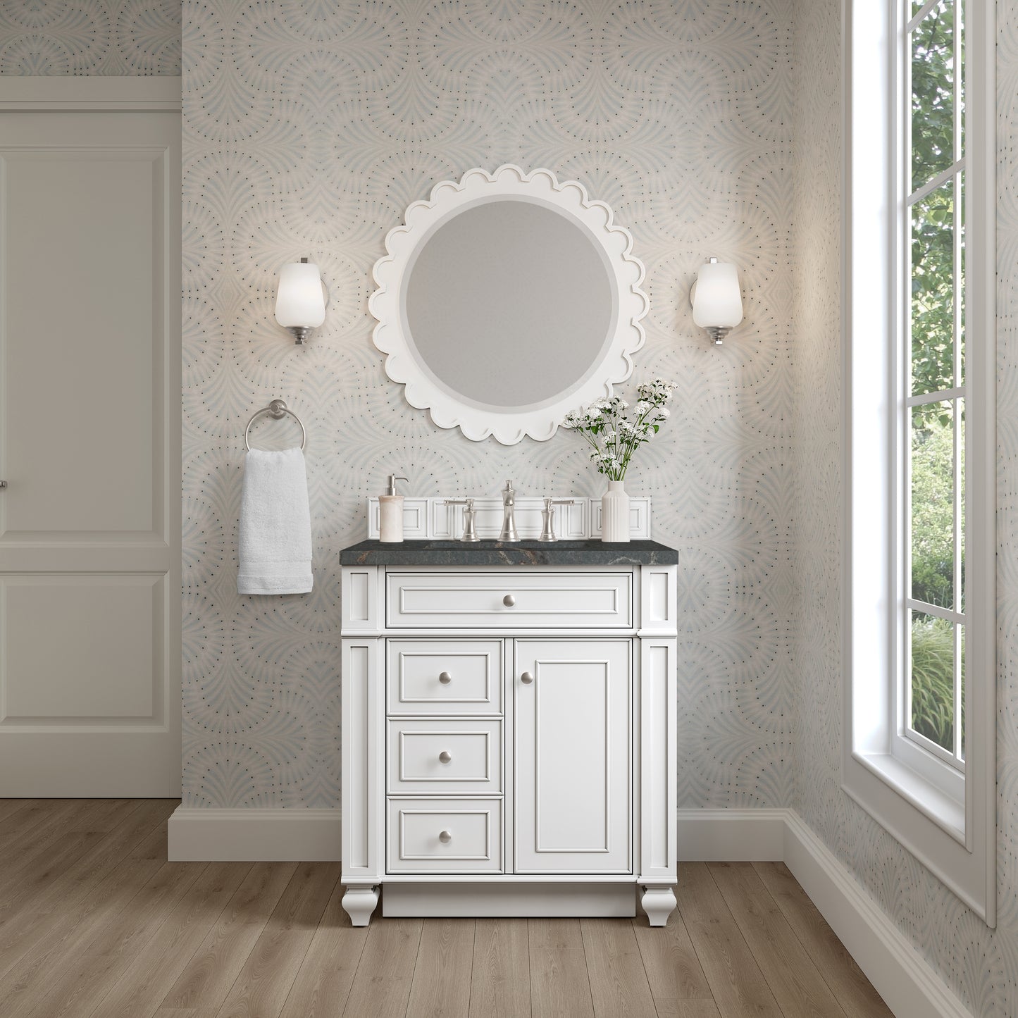 Renovate for Less Atlanta Bristol 30" Single Vanity, Bright White w/ 3 CM Parisien Bleu Silestone Top