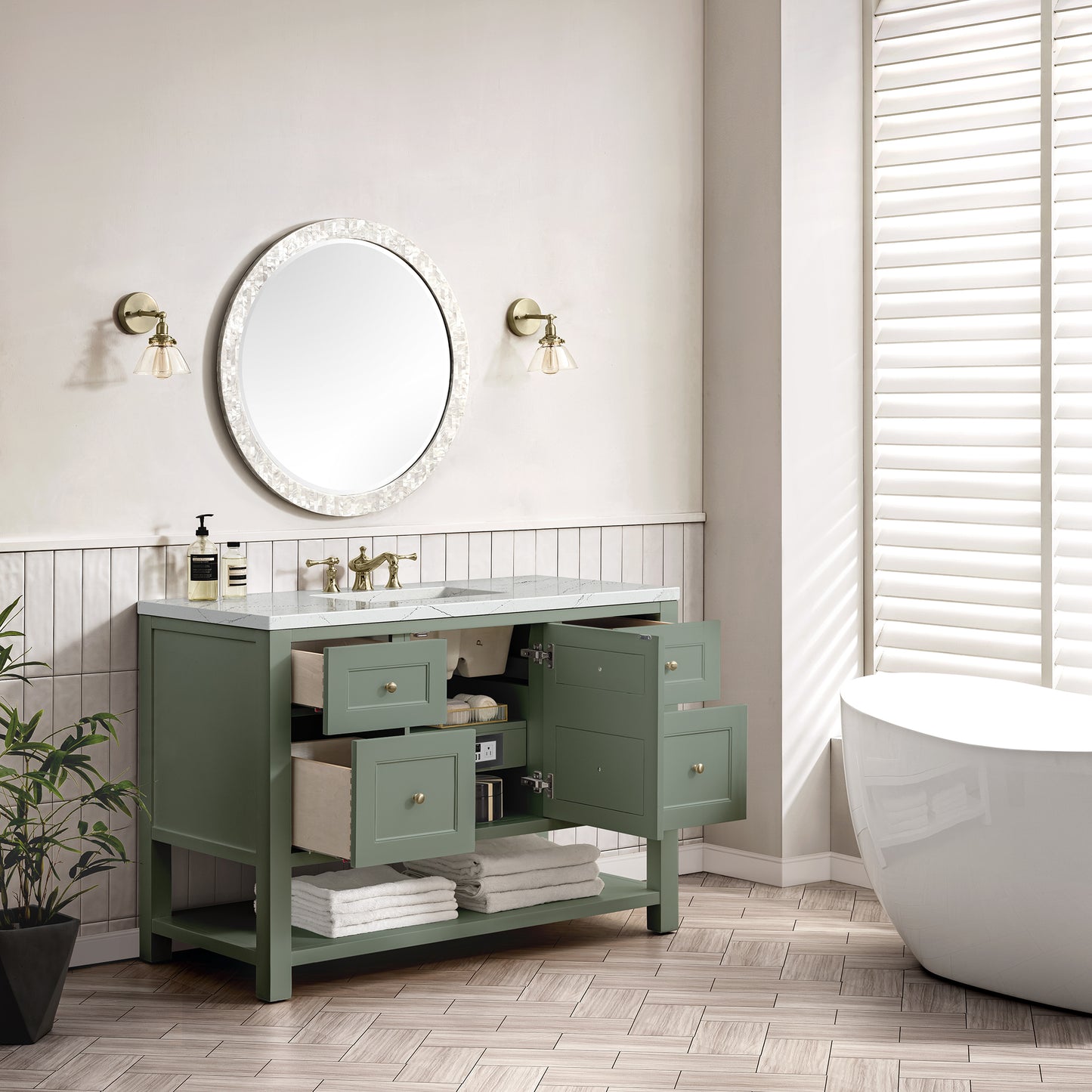 Renovate for Less Atlanta Breckenridge 48" Single Vanity, Smokey Celadon w/ 3 CM Ethereal Noctis Top w/FreePower Wireless Charger