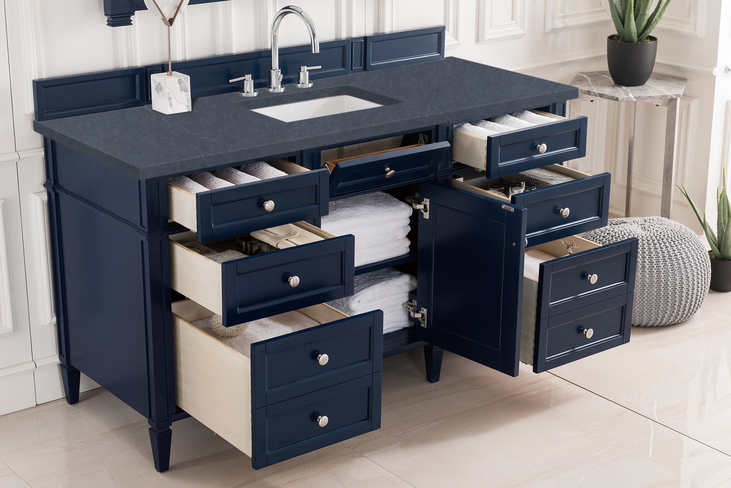Renovate for Less Atlanta Brittany 60" Single Vanity, Victory Blue w/ 3 CM Charcoal Soapstone Silestone Top