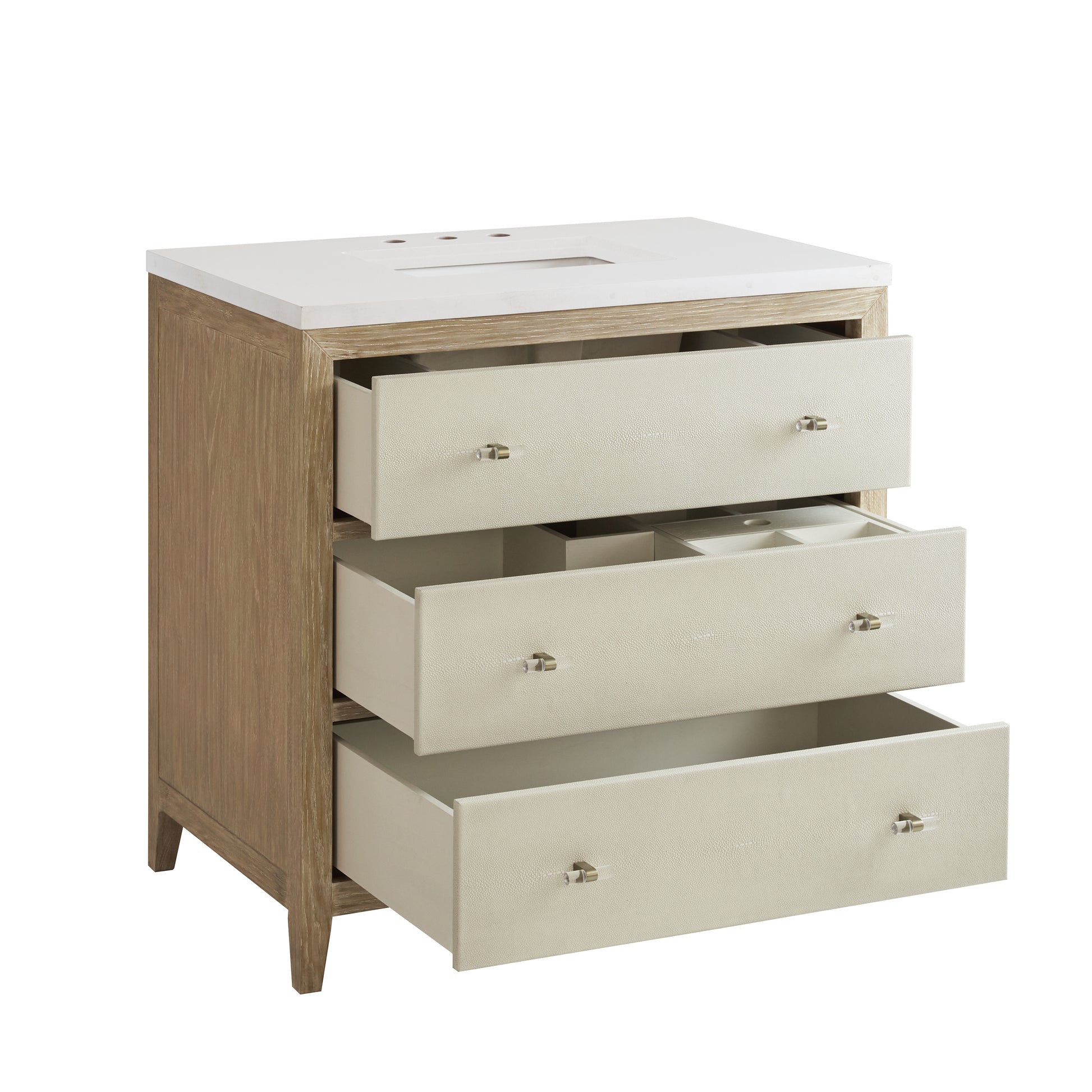 Renovate for Less Atlanta Celeste 36" Single Vanity, Sunwashed Oak with Embossed Shagreen w/ 3 CM White Zeus Silestone Top