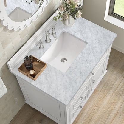 Renovate for Less Atlanta Lorelai 36" Single Vanity, Bright White w/ 3 CM Carrara White Marble Top