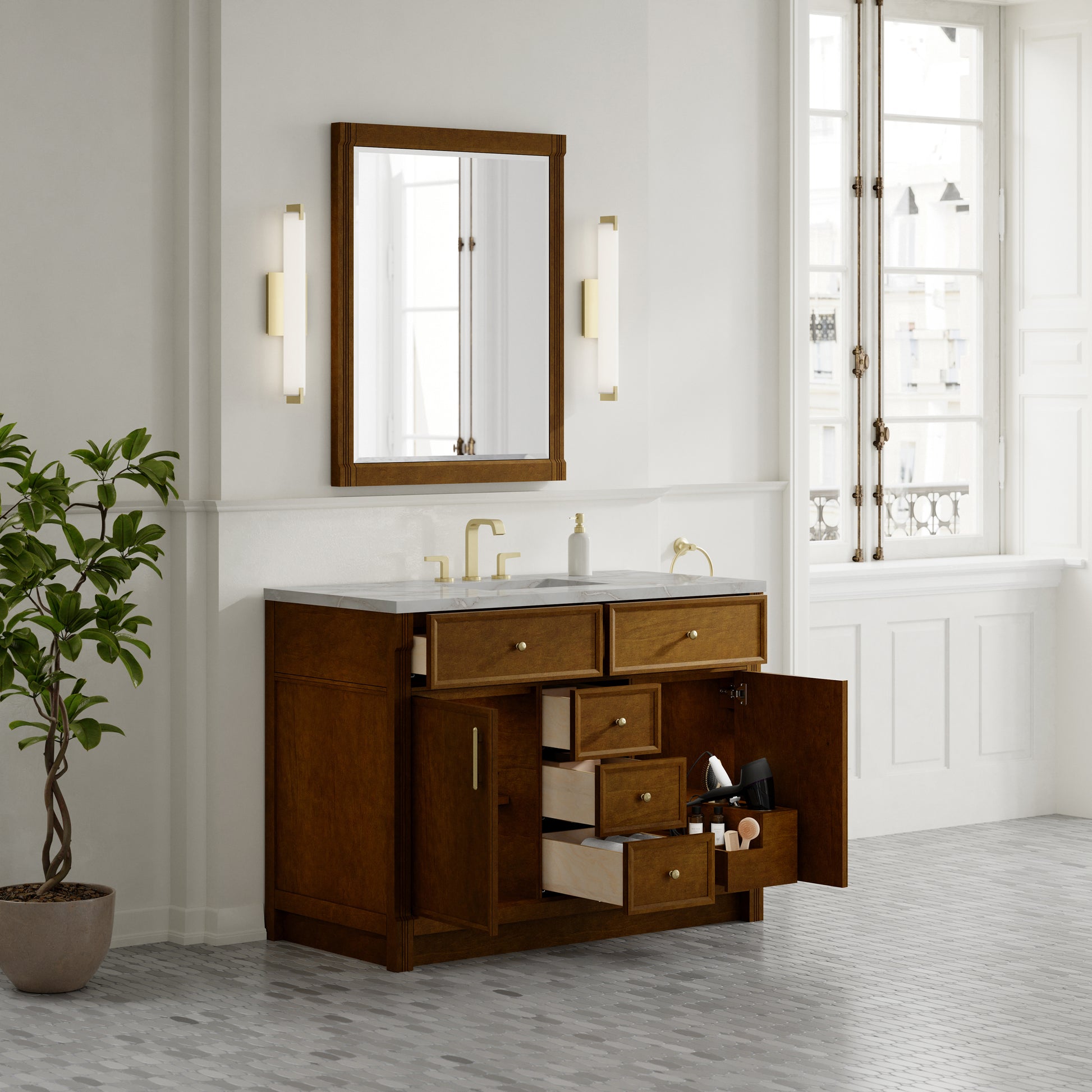 Renovate for Less Atlanta Bellshire 48" Single Vanity, Honey Oak w/ 3 CM Victorian Silver Silestone Top w/FreePower Wireless Charger