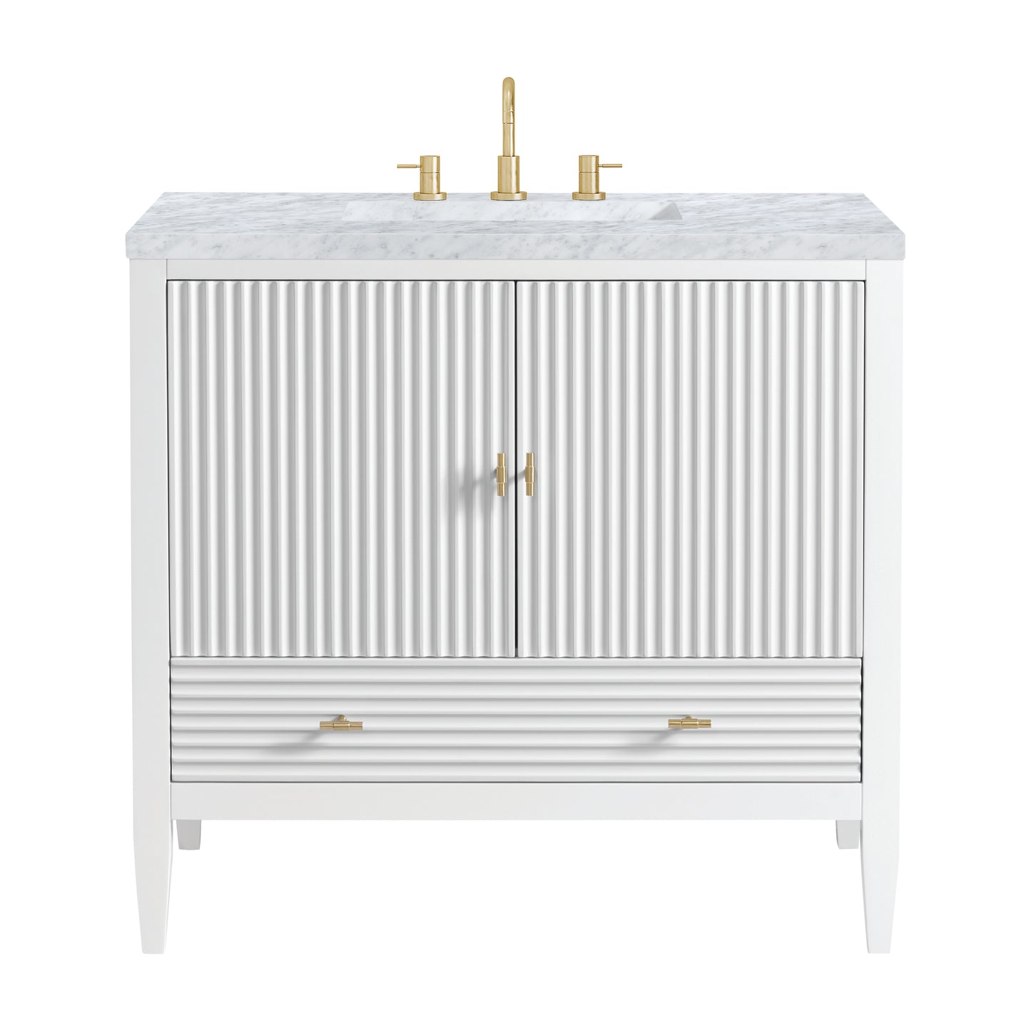 Renovate for Less Atlanta Myrrin 36" Vanity, Bright White w/ 3 CM Carrara White Marble Top