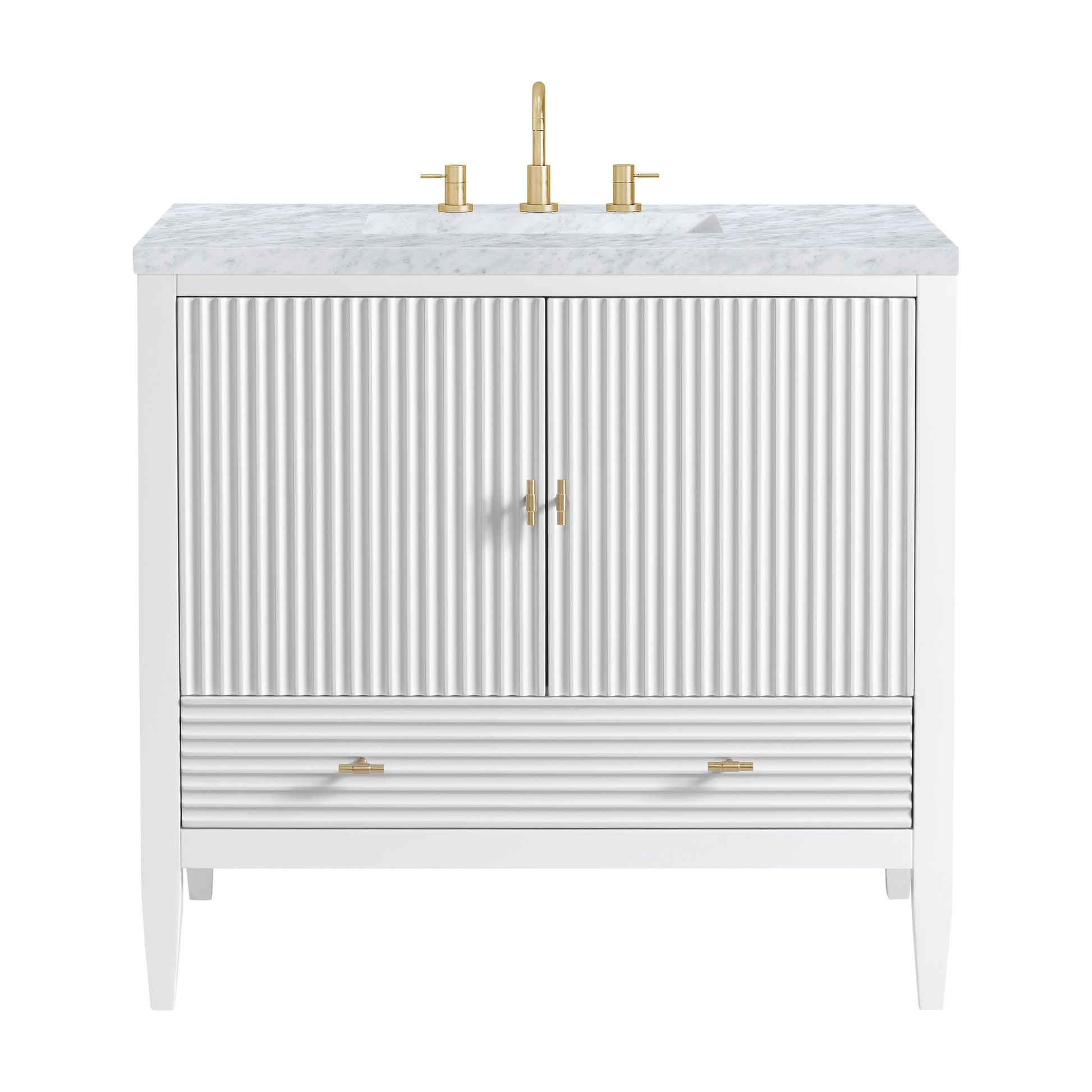 Renovate for Less Atlanta Myrrin 36" Vanity, Bright White w/ 3 CM Carrara White Marble Top