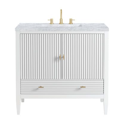 Renovate for Less Atlanta Myrrin 36" Vanity, Bright White w/ 3 CM Carrara White Marble Top