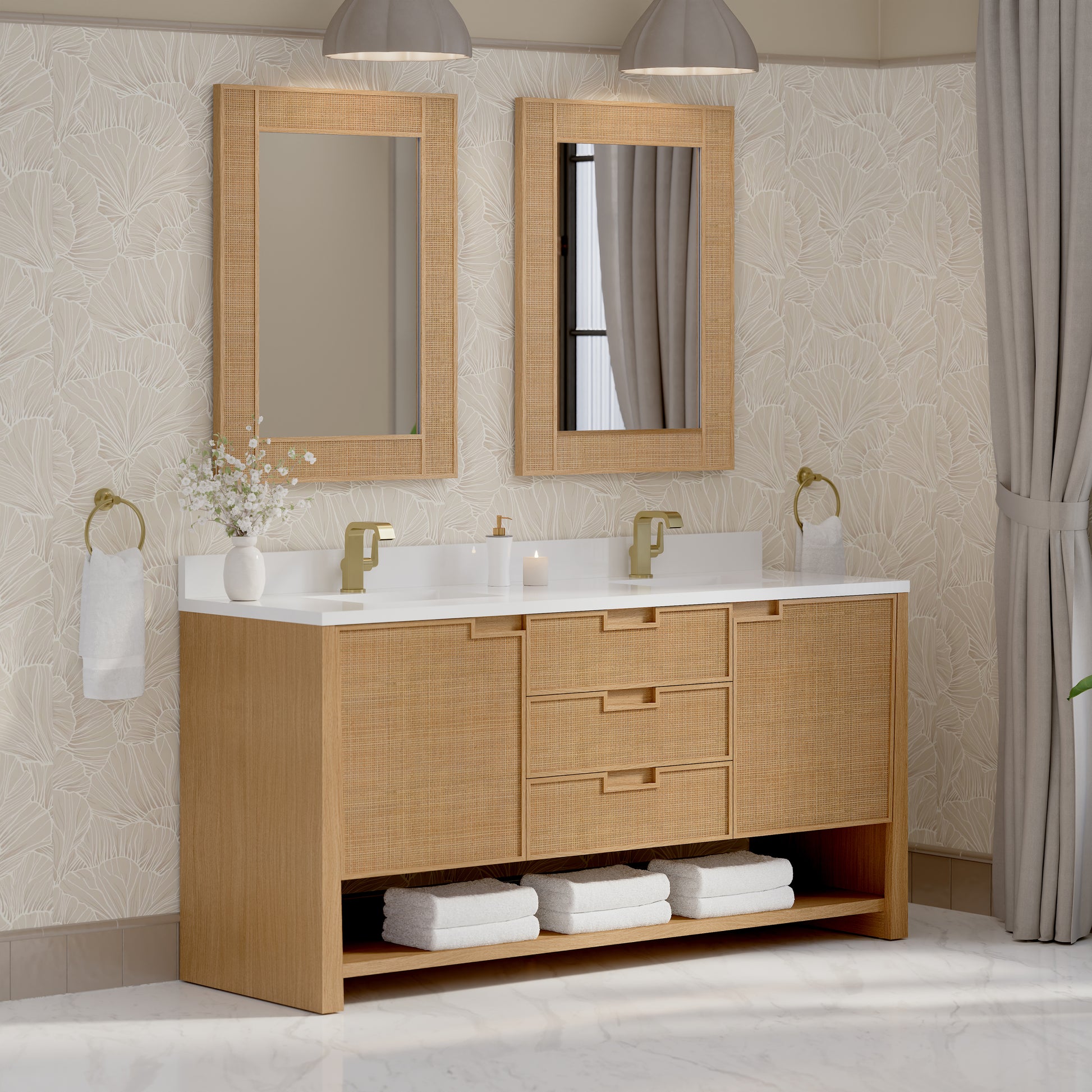 Renovate for Less Atlanta Solene 72" Double Vanity, Seaside Oak, w/ Single Hole 3 CM White Zeus Quartz Top & Backsplash