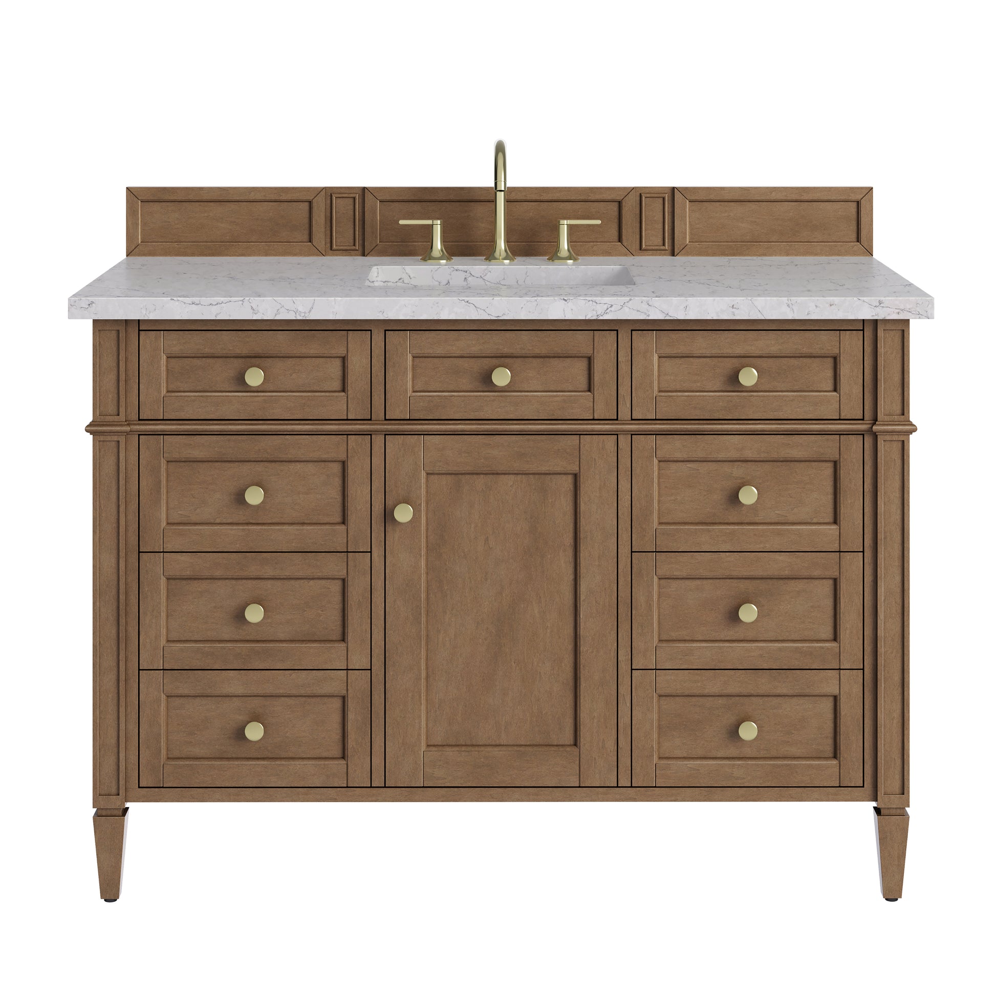 Renovate for Less Atlanta Brittany 48" Single Vanity, Pecan w/ 3 CM Eternal Jasmine Pearl Silestone Top w/FreePower Wireless Charger