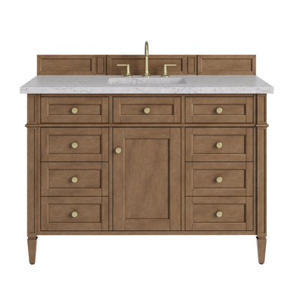 Renovate for Less Atlanta Brittany 48" Single Vanity, Pecan w/ 3 CM Eternal Jasmine Pearl Silestone Top w/FreePower Wireless Charger