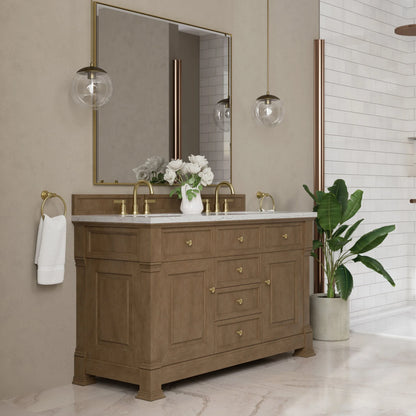 Brookfield 60" Double Vanity, Pecan w/3 CM Eternal Jasmine Pearl Silestone Top