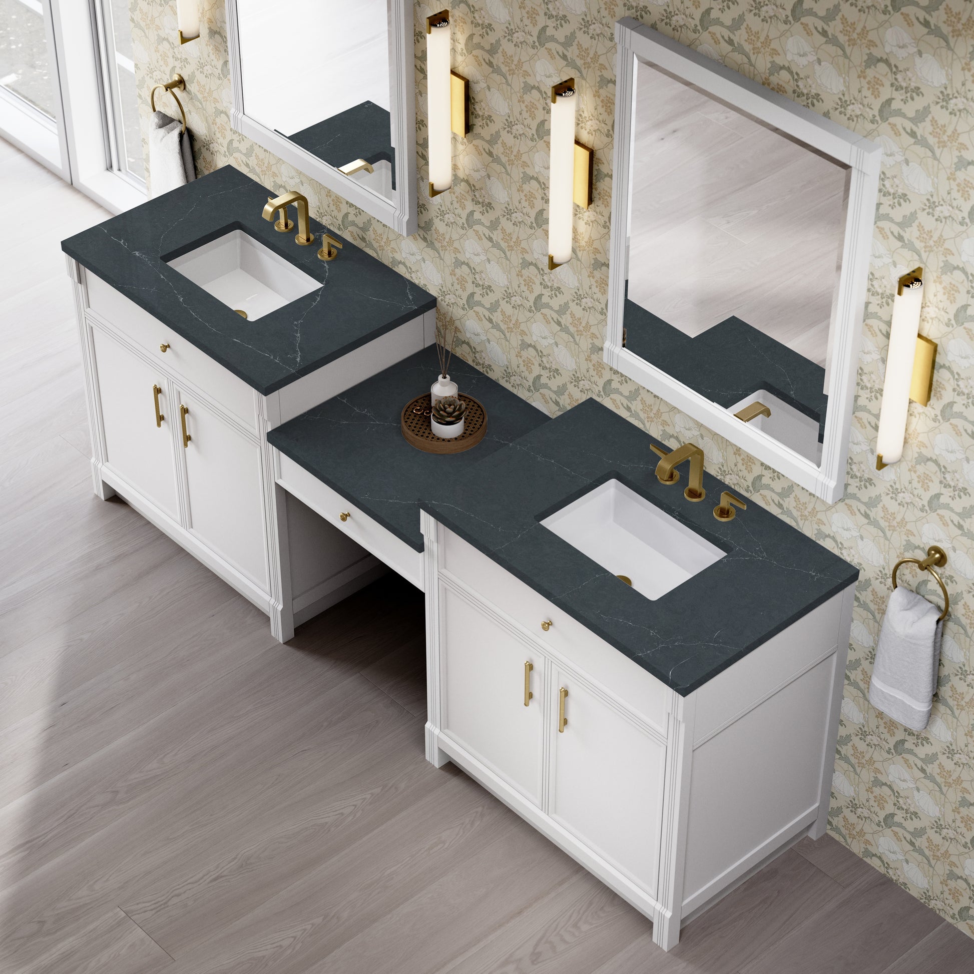 Renovate for Less Atlanta Bellshire 96" Dual Vanity Set with 24" Make-Up Counter, Bright White w/3 cm Charcoal Soapstone Silestone Top