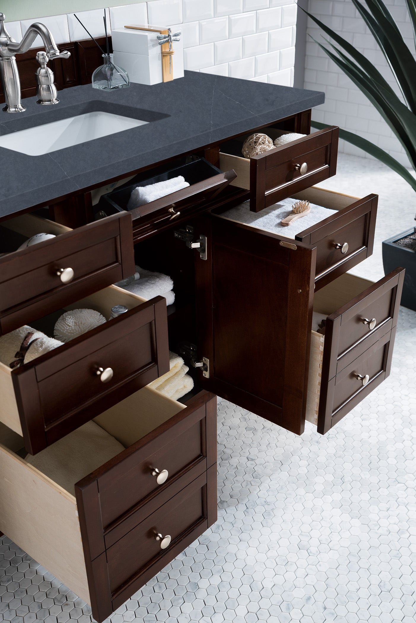 Renovate for Less Atlanta Brittany 48" Single Vanity, Burnished Mahogany w/ 3 CM Charcoal Soapstone Silestone Top