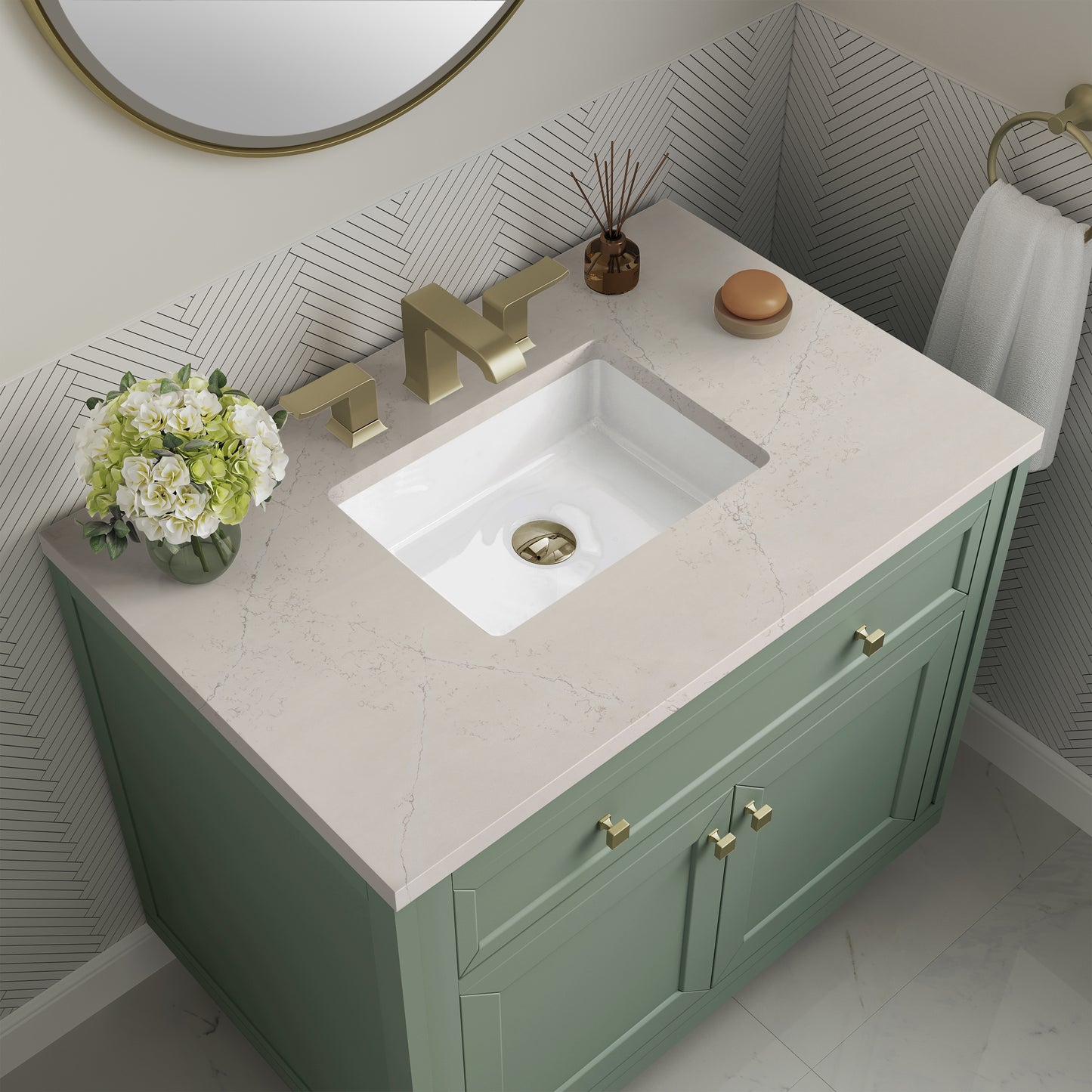 Renovate for Less Atlanta Chicago 36" Single Vanity, Smokey Celadon, w/ 3 CM Siberian Silestone Top