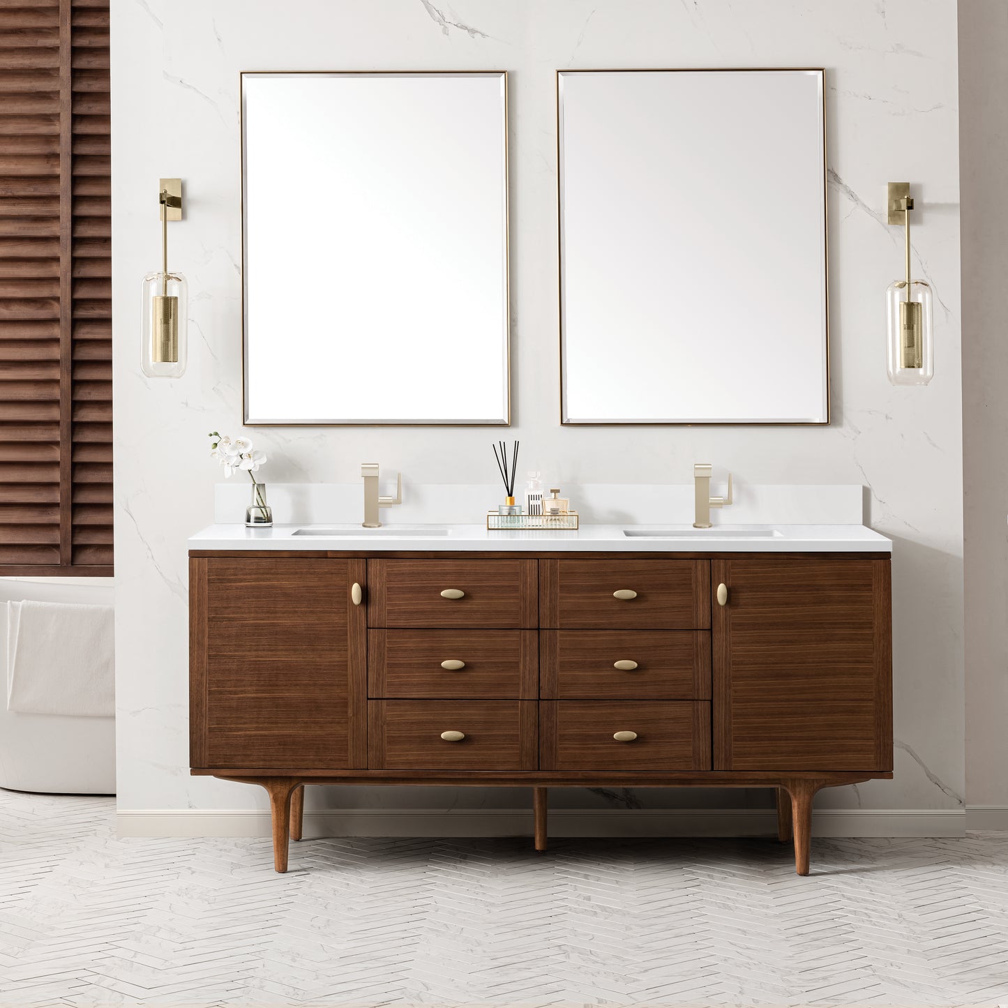 Renovate for Less Atlanta Amberly 72" Double Vanity, Mid-Century Walnut w/ Single Hole 3 CM White Zeus Top & Backsplash