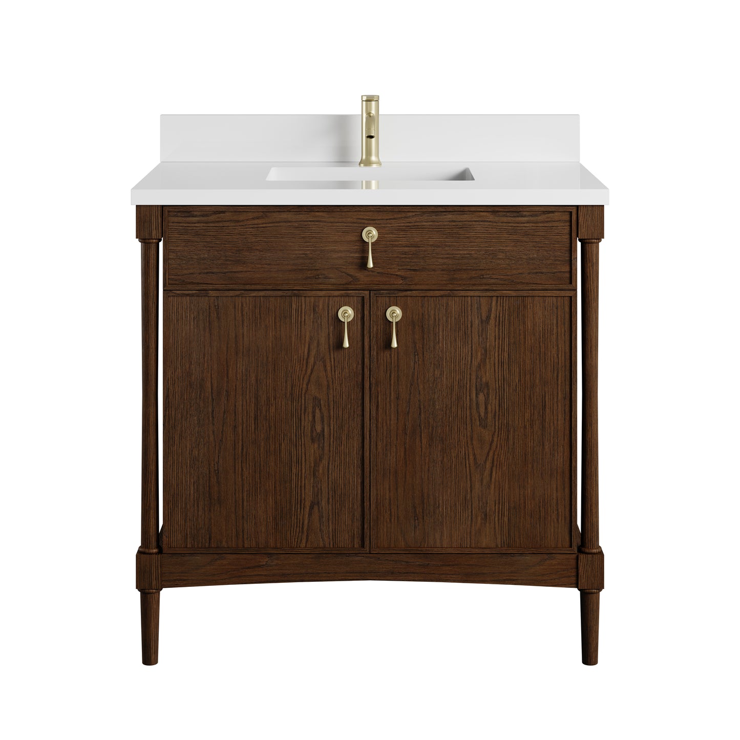 Renovate for Less Atlanta Kinnsden 36" Single Vanity, Sable Oak w/ Single Hole 3 CM White Zeus Silestone Top and Matching Backsplash