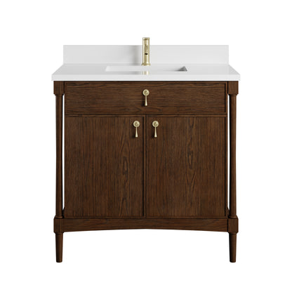 Renovate for Less Atlanta Kinnsden 36" Single Vanity, Sable Oak w/ Single Hole 3 CM White Zeus Silestone Top and Matching Backsplash