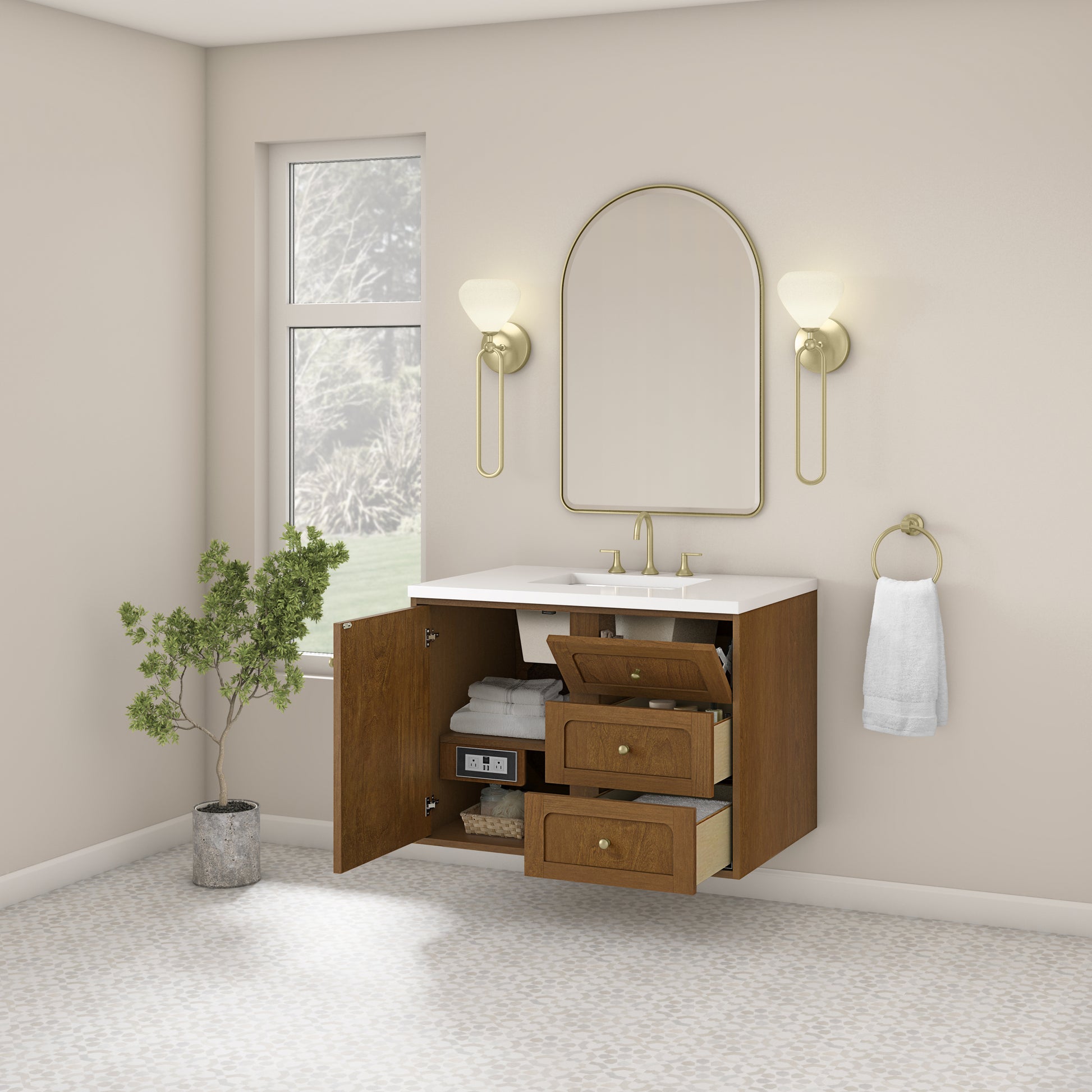 Renovate for Less Atlanta Laurent 36" Single Vanity, Honey Oak w/ 3 CM White Zeus Silestone Top