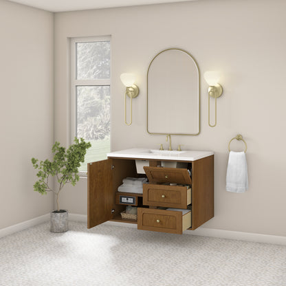 Renovate for Less Atlanta Laurent 36" Single Vanity, Honey Oak w/ 3 CM White Zeus Silestone Top