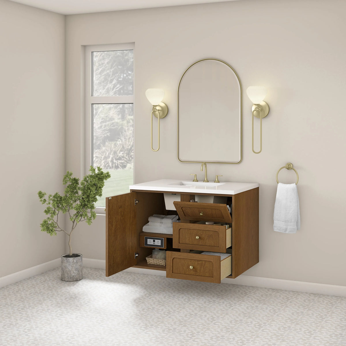 Laurent 36" Single Vanity, Honey Oak w/ 3 CM White Zeus Silestone Top
