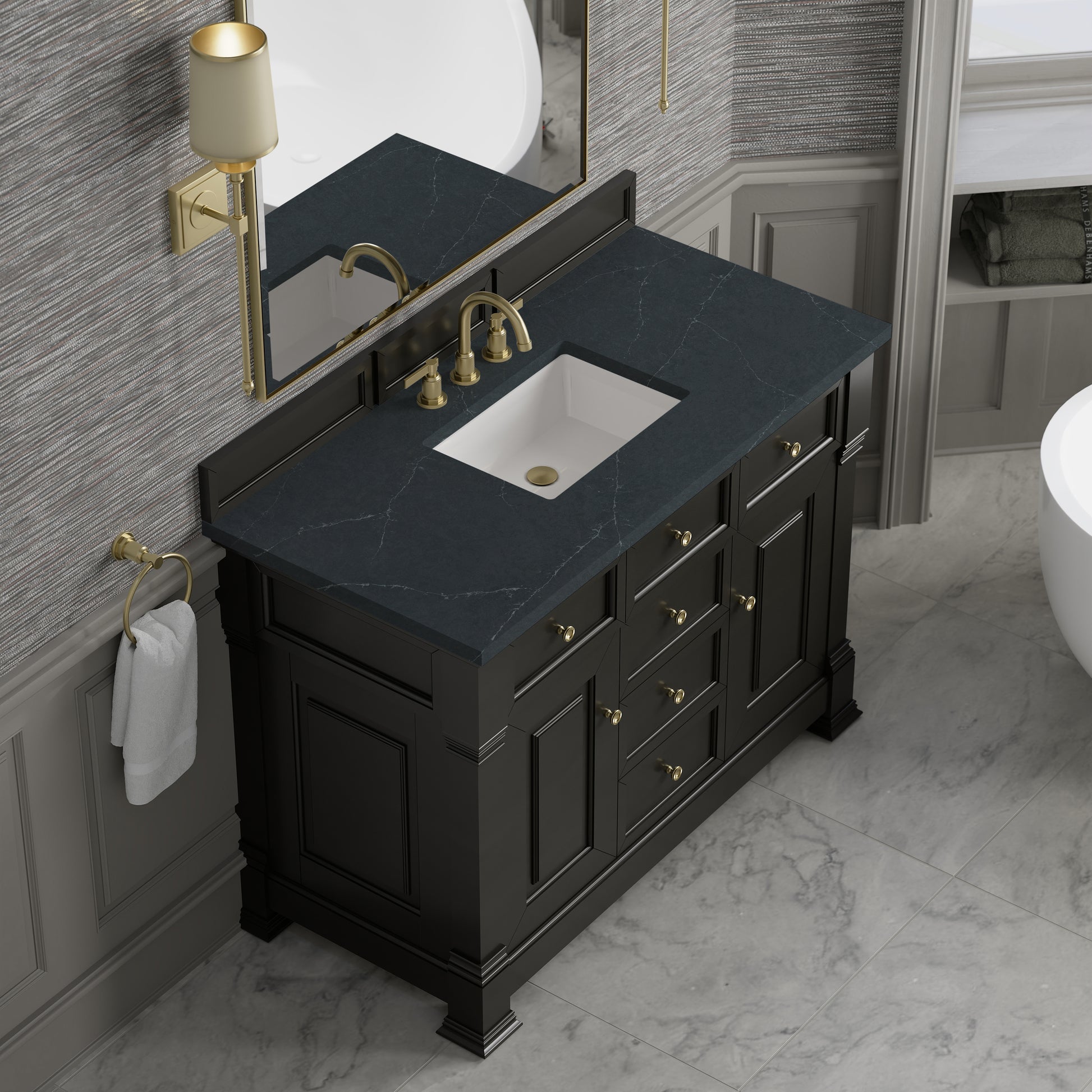 Renovate for Less Atlanta Brookfield 48" Single Vanity, Black Onyx w/3 CM Charcoal Soapstone Silestone Top