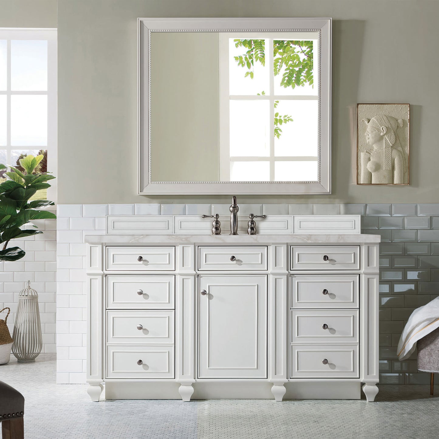Renovate for Less Atlanta Bristol 60" Single Vanity, Bright White w/ 3 CM Victorian Silver Silestone Top w/FreePower Wireless Charger