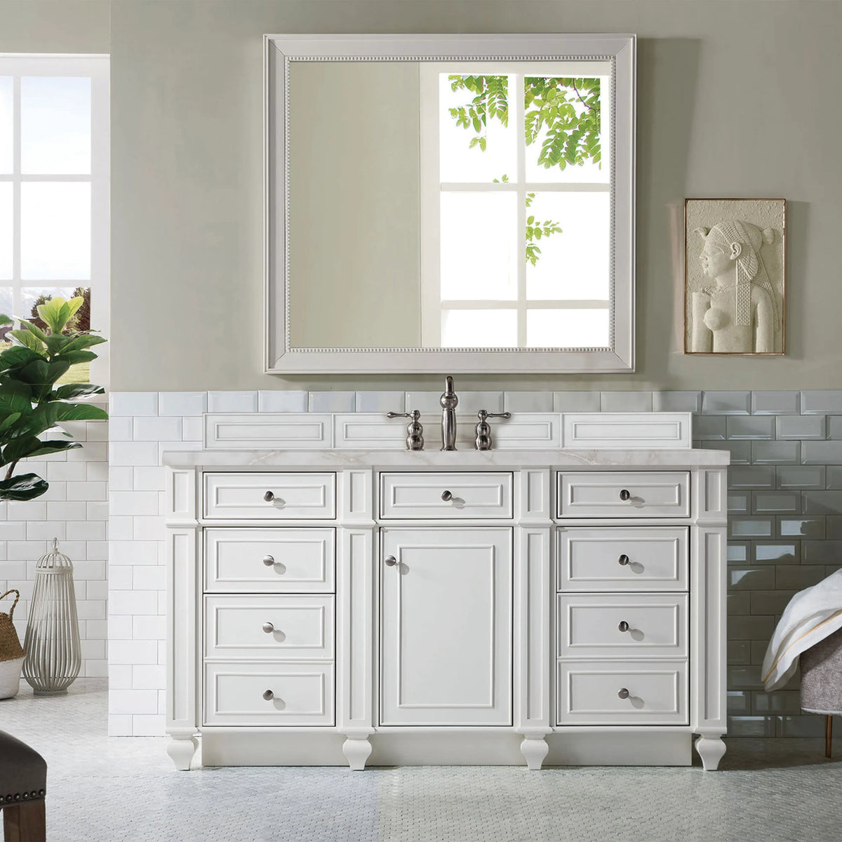 Bristol 60" Single Vanity, Bright White w/ 3 CM Victorian Silver Silestone Top w/FreePower Wireless Charger