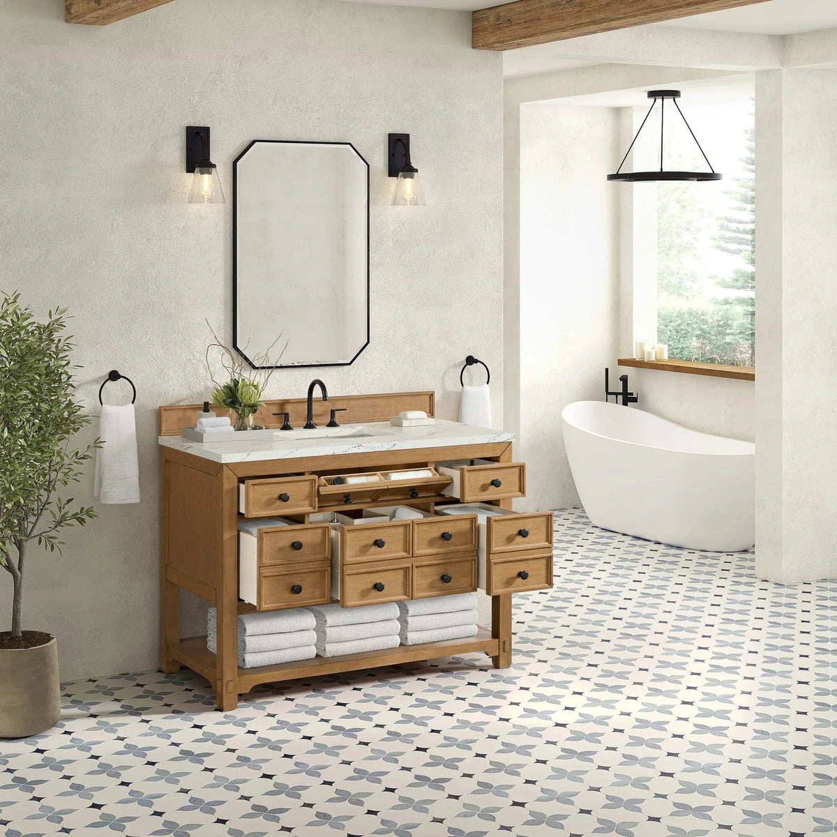 Malibu 48" Single Vanity, Amber Birch w/ 3 CM Ethereal Noctis Silestone Top