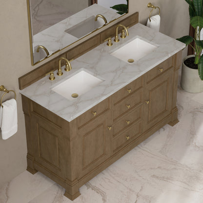 Renovate for Less Atlanta Brookfield 60" Double Vanity, Pecan w/ 3 CM Victorian Silver Silestone Top w/FreePower Wireless Charger