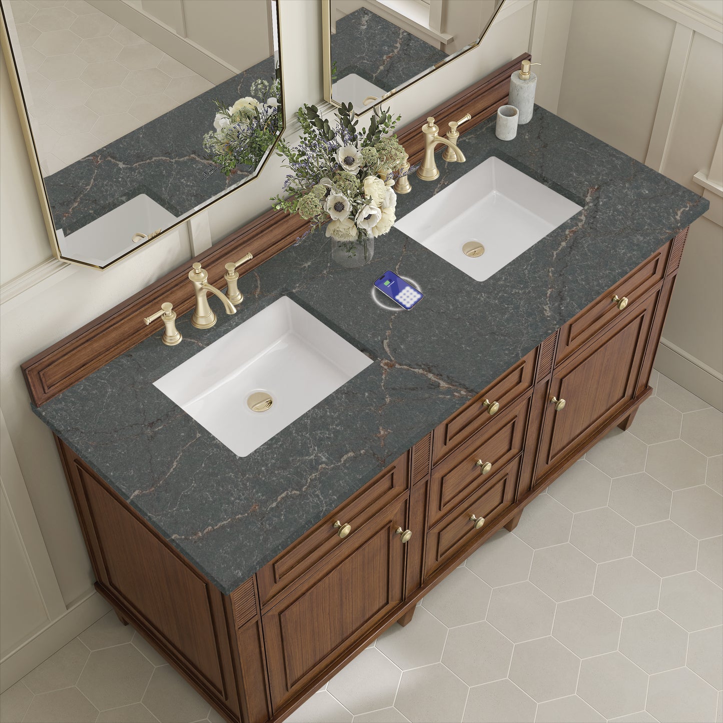 Renovate for Less Atlanta Lorelai 60" Double Vanity, Mid-Century Walnut w/ 3 CM Parisien Bleu Silestone Top w/FreePower Wireless Charger