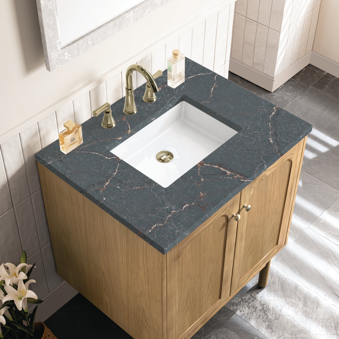Renovate for Less Atlanta Laurent 30" Single Vanity, Light Natural Oak w/ 3 CM Parisien Bleu Top