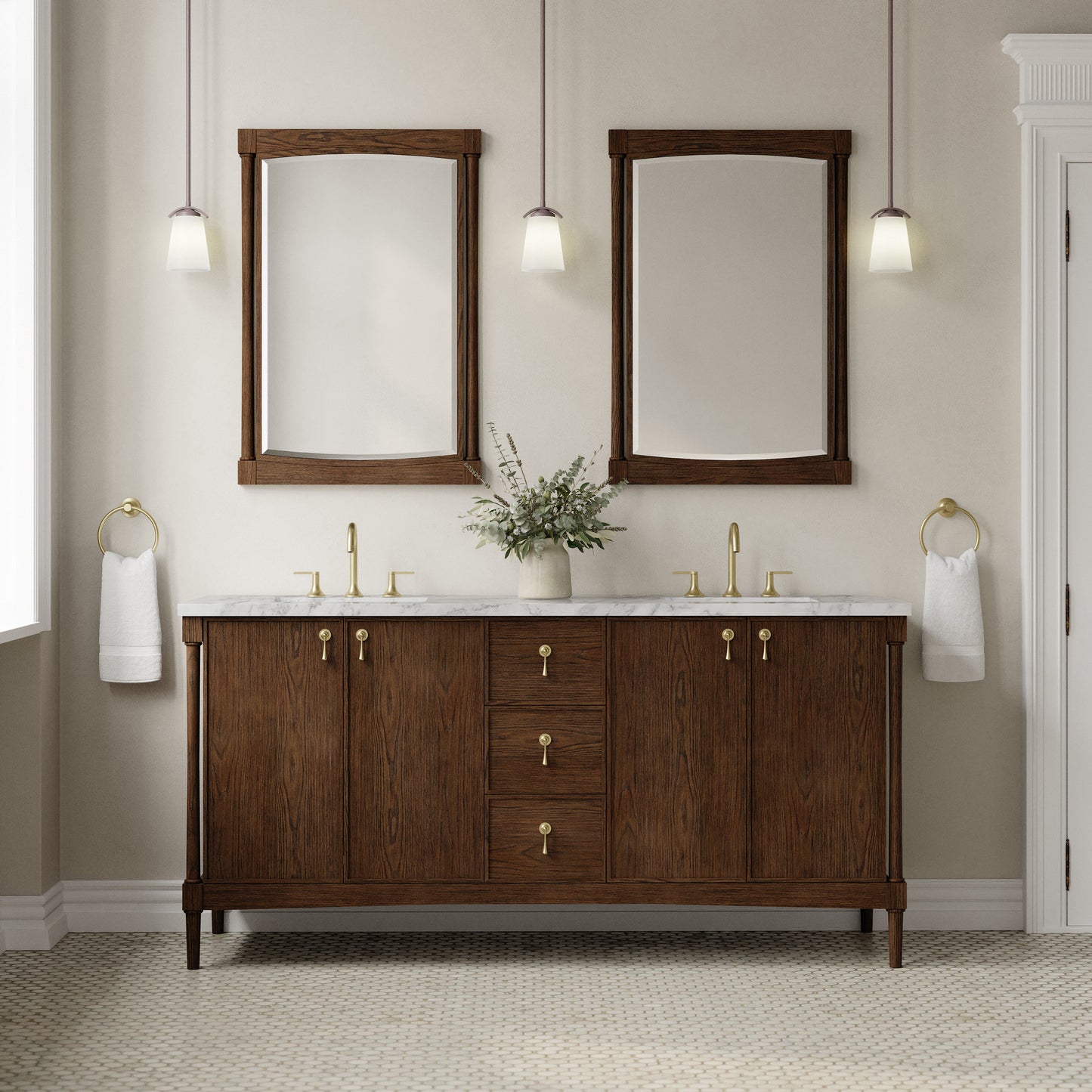 Renovate for Less Atlanta Kinnsden 72" Double Vanity, Sable Oak w/ 3 CM Carrara Marble Top