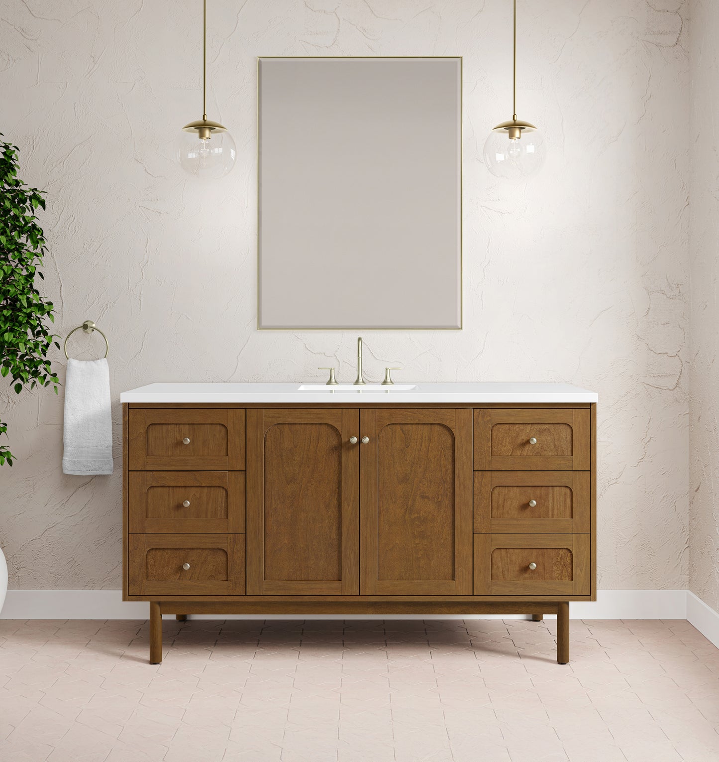 Renovate for Less Atlanta Laurent 60" Single Vanity, Honey Oak w/ 3 CM White Zeus Silestone Top