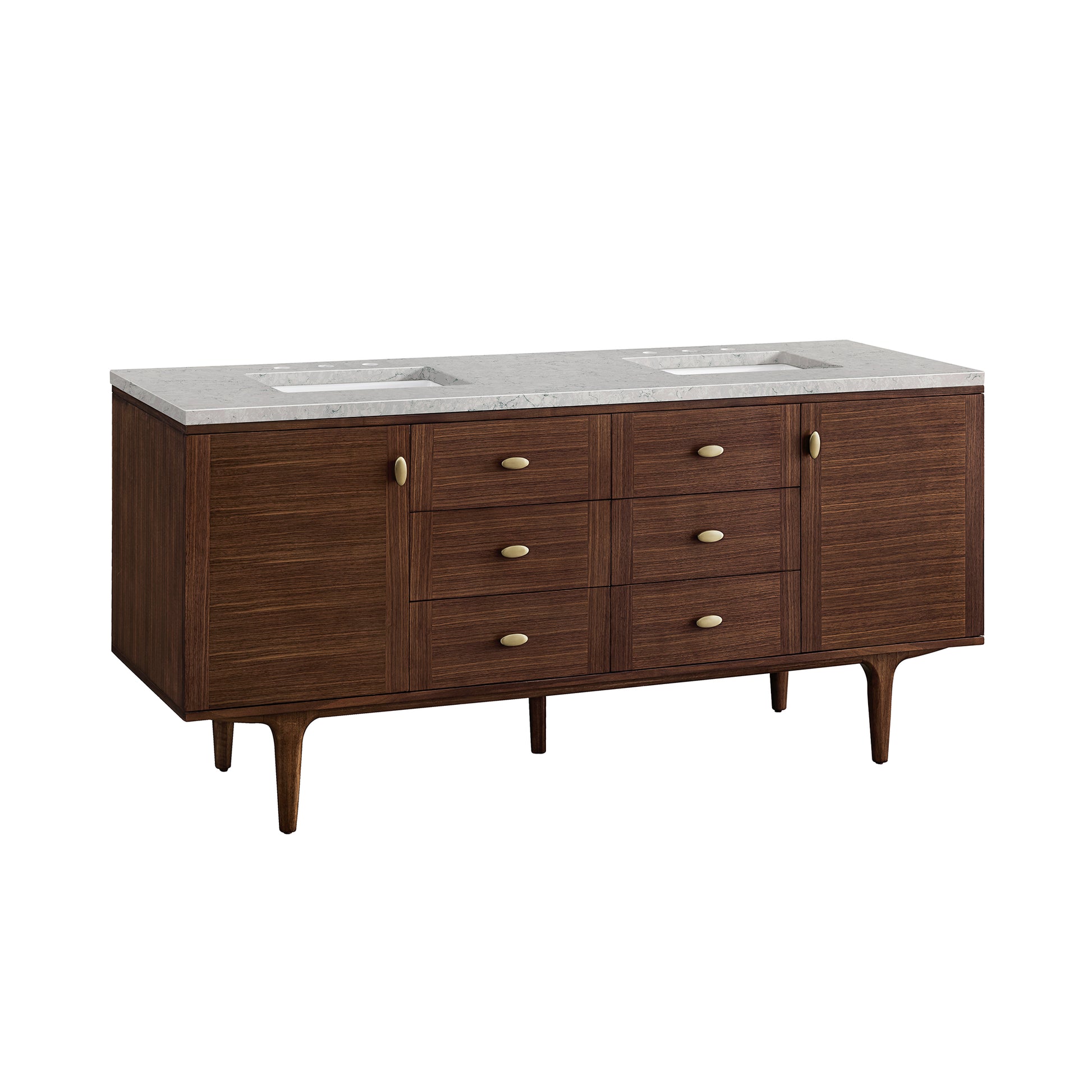 Renovate for Less Atlanta Amberly 72" Double Vanity, Mid-Century Walnut w/ 3 CM Eternal Jasmine Pearl Top w/FreePower Wireless Charger