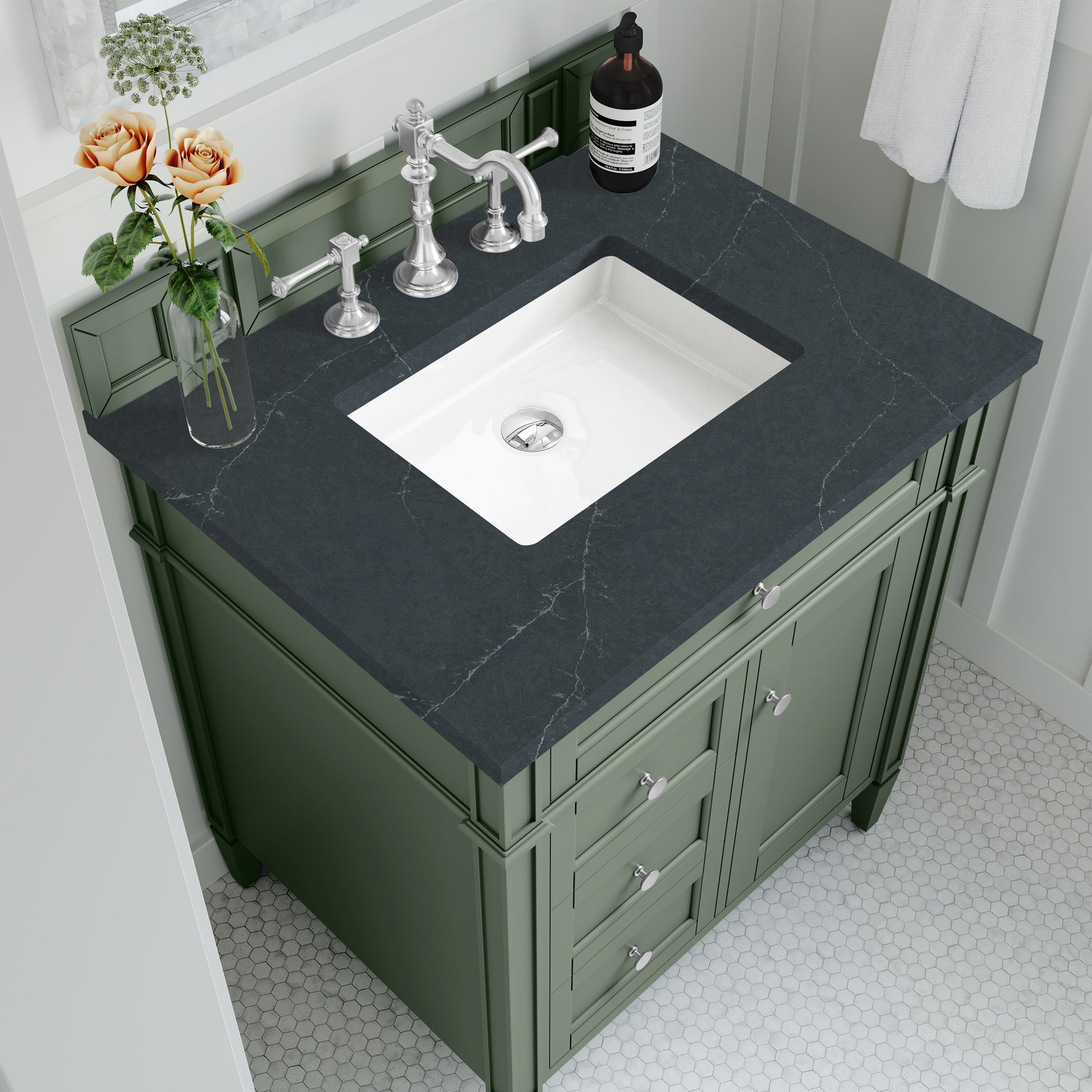 Renovate for Less Atlanta Brittany 30" Single Vanity, Smokey Celadon w/ 3 CM Charcoal Soapstone Top
