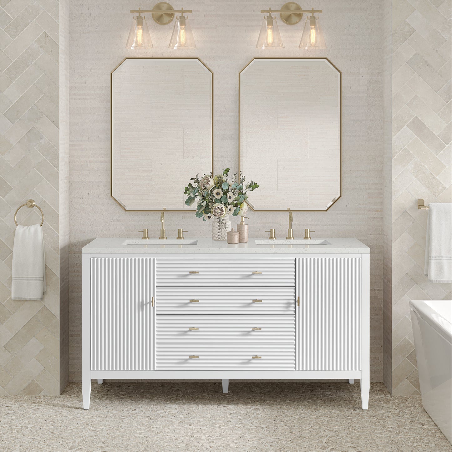 Renovate for Less Atlanta Myrrin 60" Double Vanity, Bright White w/ 3 CM Lime Delight Silestone Top