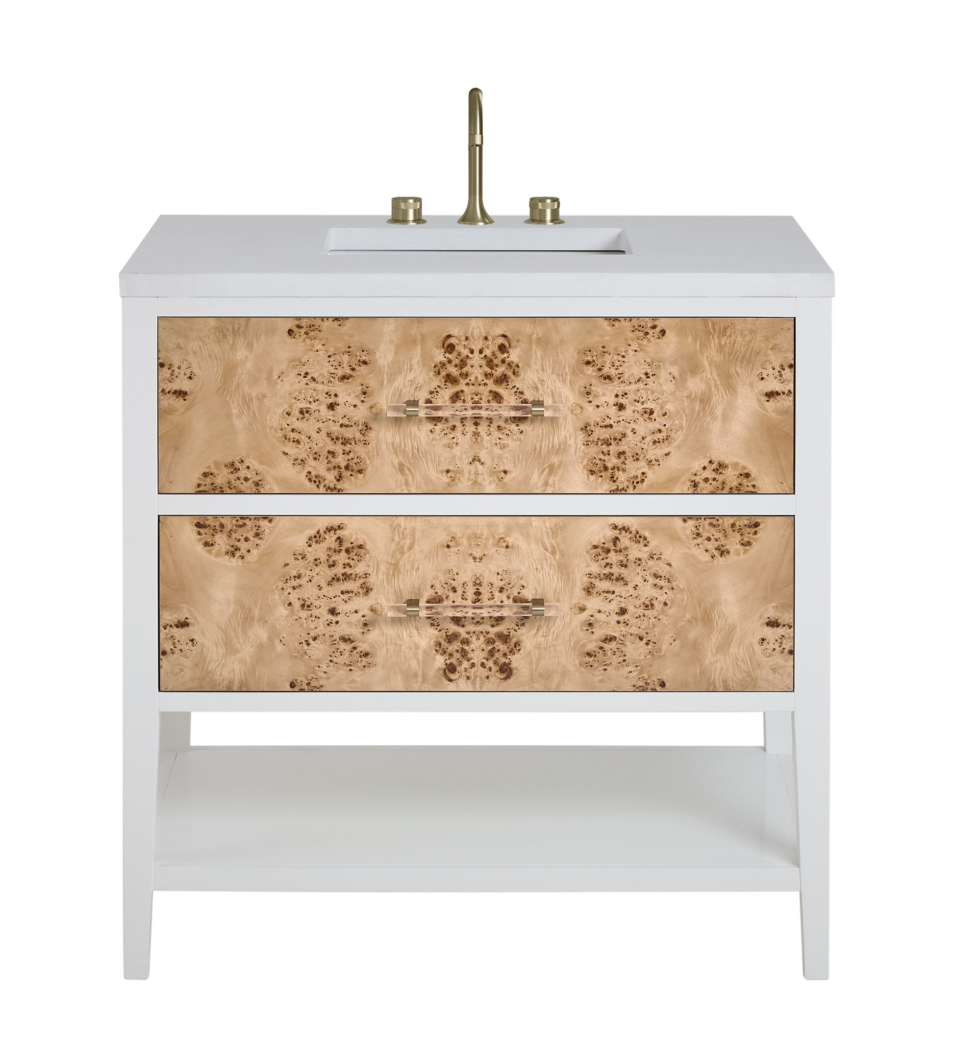 Renovate for Less Atlanta Olena 36" Single Vanity, Light Mappa Burl and Polished White w/ 3 CM White Zeus Silestone Top