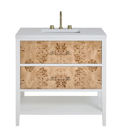 Renovate for Less Atlanta Olena 36" Single Vanity, Light Mappa Burl and Polished White w/ 3 CM White Zeus Silestone Top