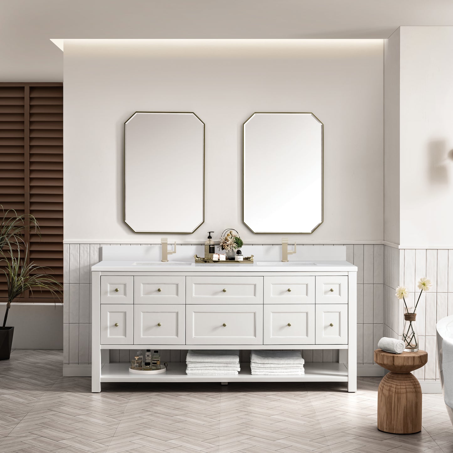 Renovate for Less Atlanta Breckenridge 72" Double Vanity, Bright White w/ Single Hole 3 CM White Zeus Top & Backsplash