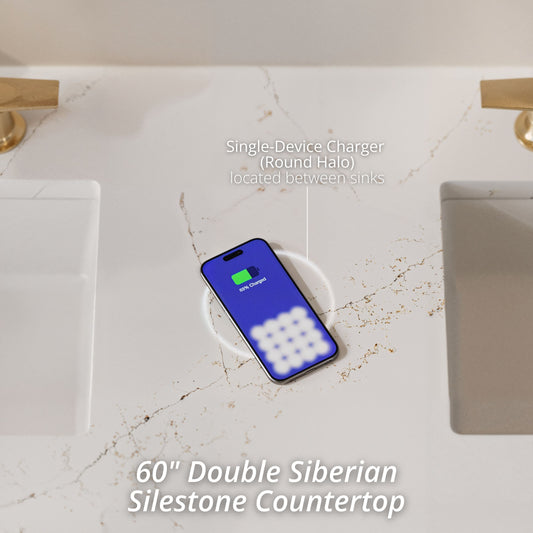 Renovate for Less Atlanta Breckenridge 60" Double Vanity, Whitewashed Oak, w/ 3 CM Siberian Silestone Top w/FreePower Wireless Charger