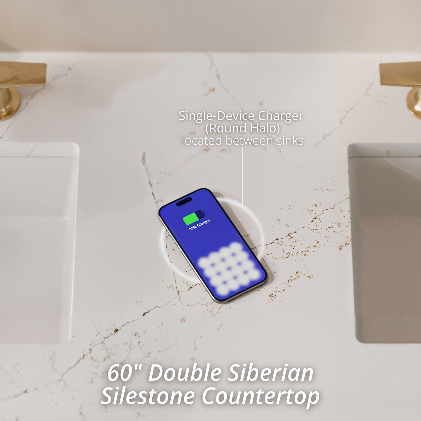 Renovate for Less Atlanta Brittany 60" Double Vanity, Saddle Brown, w/ 3 CM Siberian Silestone Top w/FreePower Wireless Charger