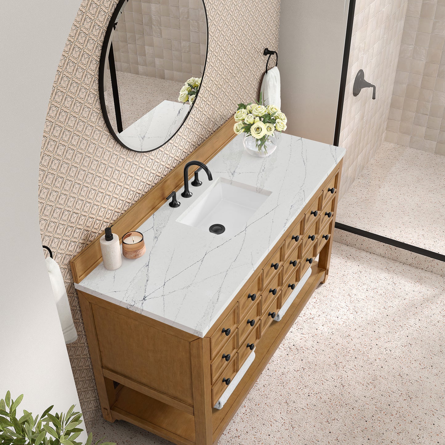 Renovate for Less Atlanta Malibu 60" Single Vanity, Amber Birch w/ 3 CM Ethereal Noctis Top