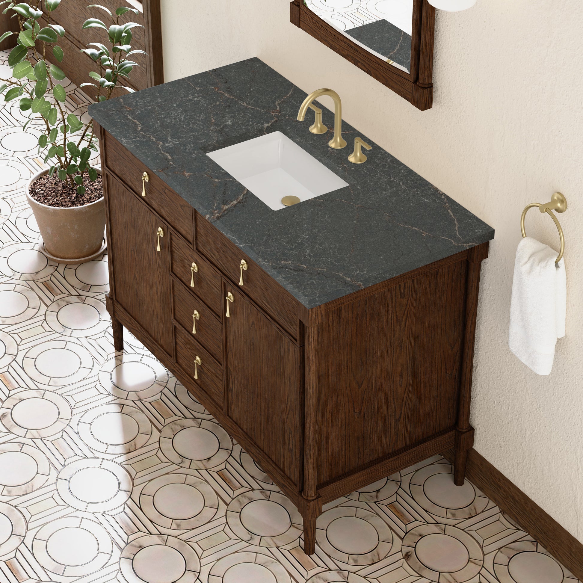 Renovate for Less Atlanta Kinnsden 48" Single Vanity, Sable Oak w/ 3 CM Parisien Bleu Silestone Top