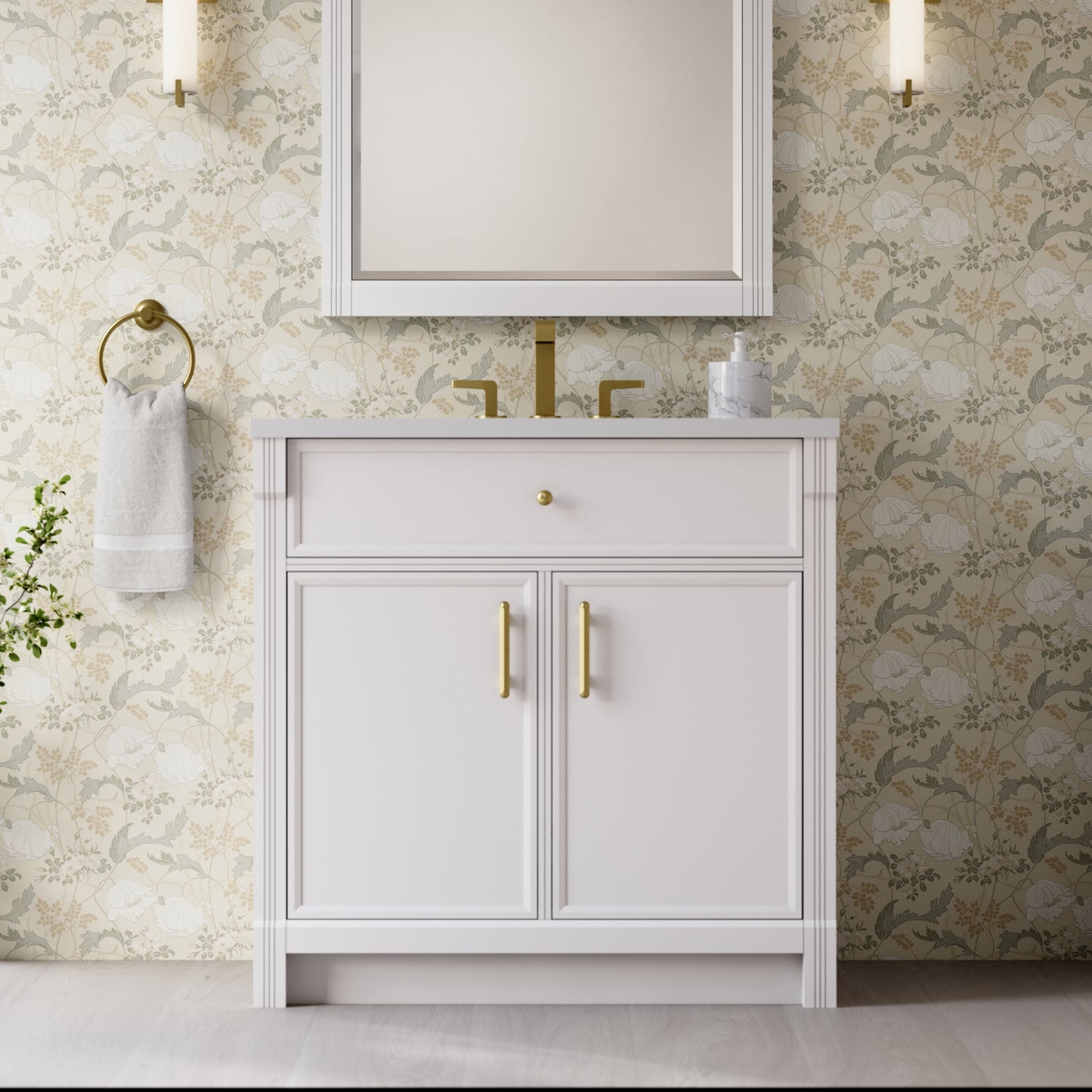 Renovate for Less Atlanta Bellshire 36" Single Vanity, Bright White w/ 3 CM White Zeus Silestone Top