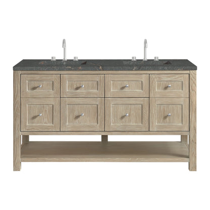Breckenridge 60" Double Vanity, Whitewashed Oak w/ 3 CM Parisien Bleu Top w/FreePower Wireless Charger