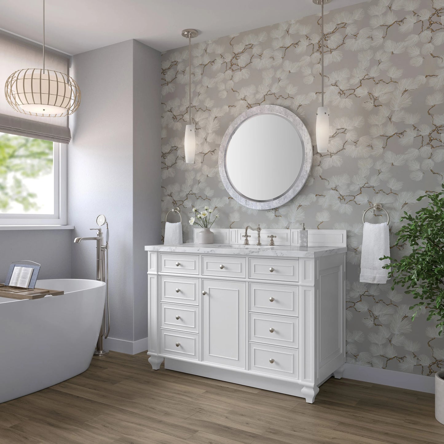 Bristol 48" Single Vanity, Bright White w/ 3 CM Carrara Marble Top