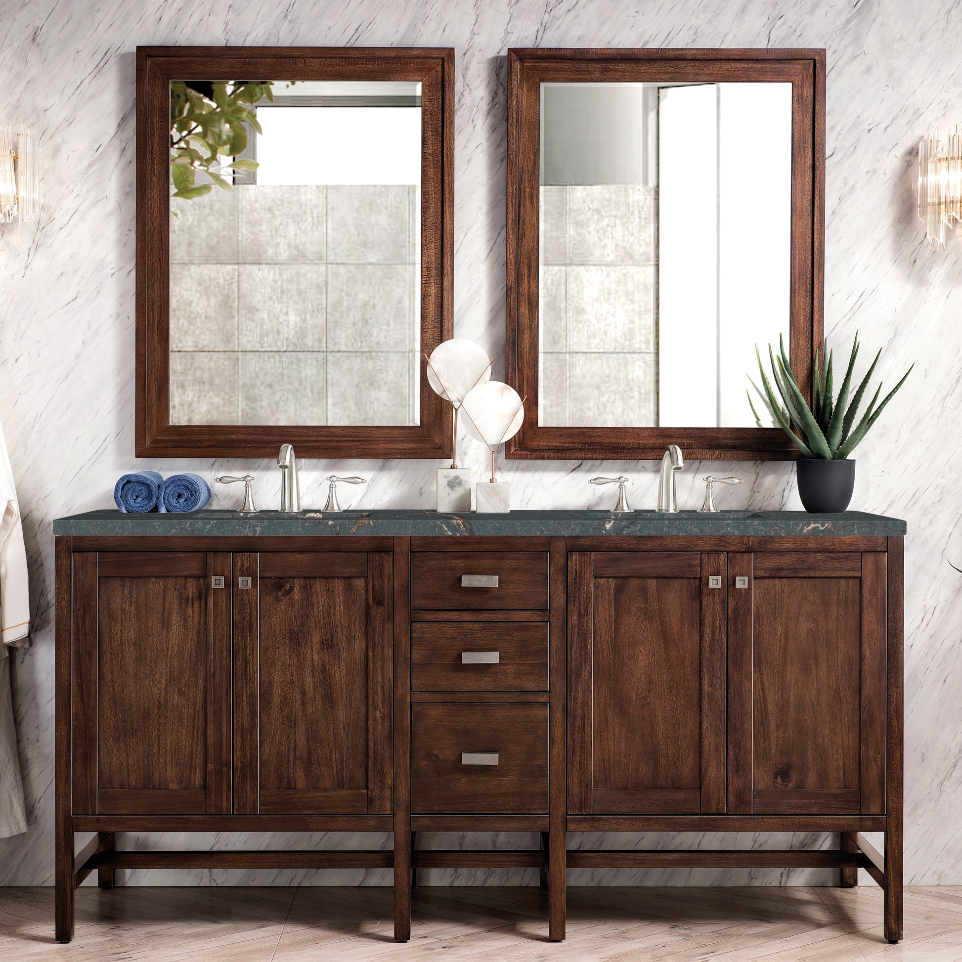 Renovate for Less Atlanta Addison 72" Double Vanity, Mid-Century Acacia w/ 3 CM Parisien Bleu Silestone Top