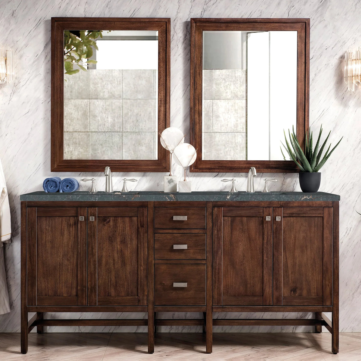 Addison 72" Double Vanity, Mid-Century Acacia w/ 3 CM Parisien Bleu Silestone Top