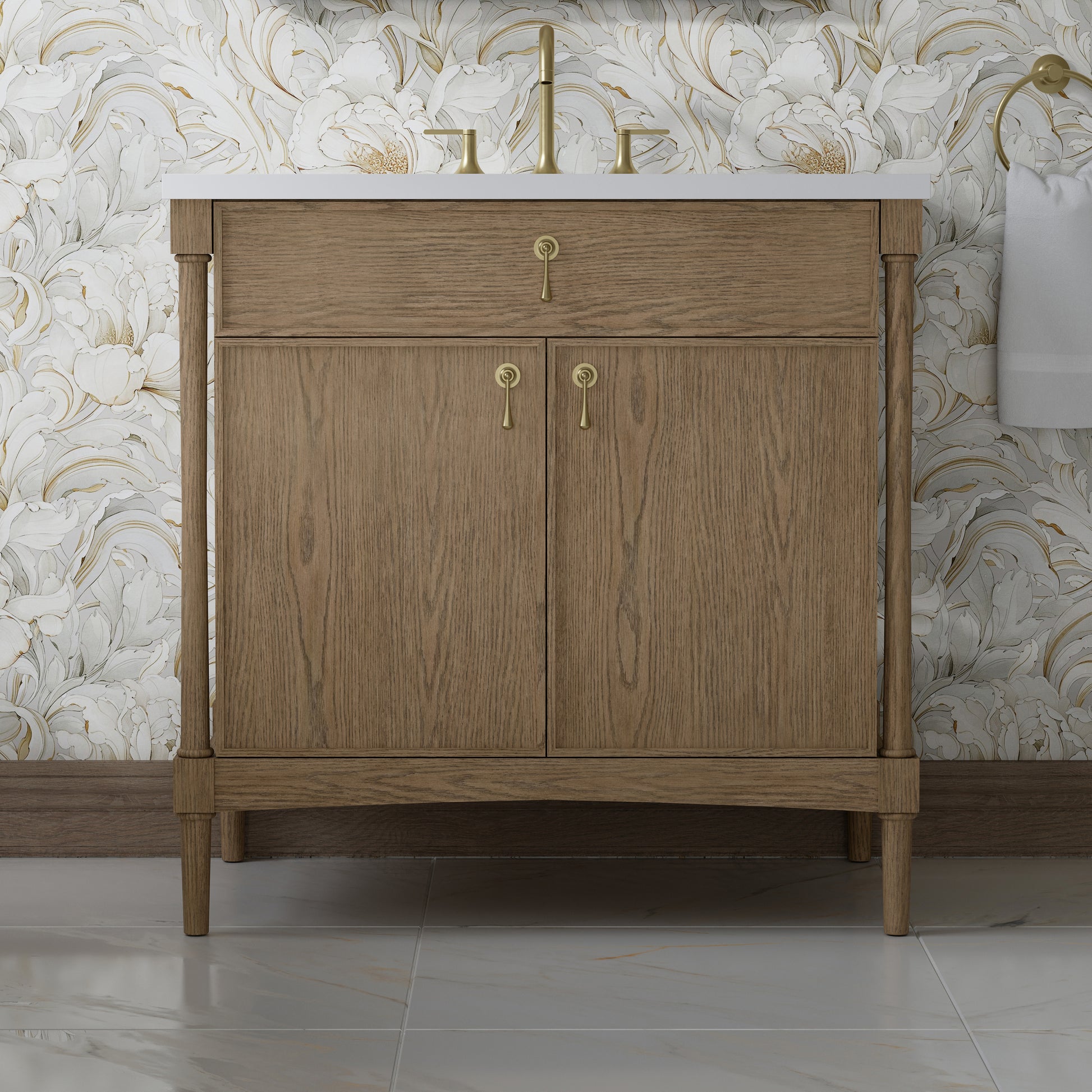 Renovate for Less Atlanta Kinnsden 36" Single Vanity, Weathered Oak w/ 3 CM White Zeus Silestone Top