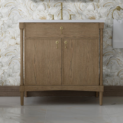 Renovate for Less Atlanta Kinnsden 36" Single Vanity, Weathered Oak w/ 3 CM White Zeus Silestone Top